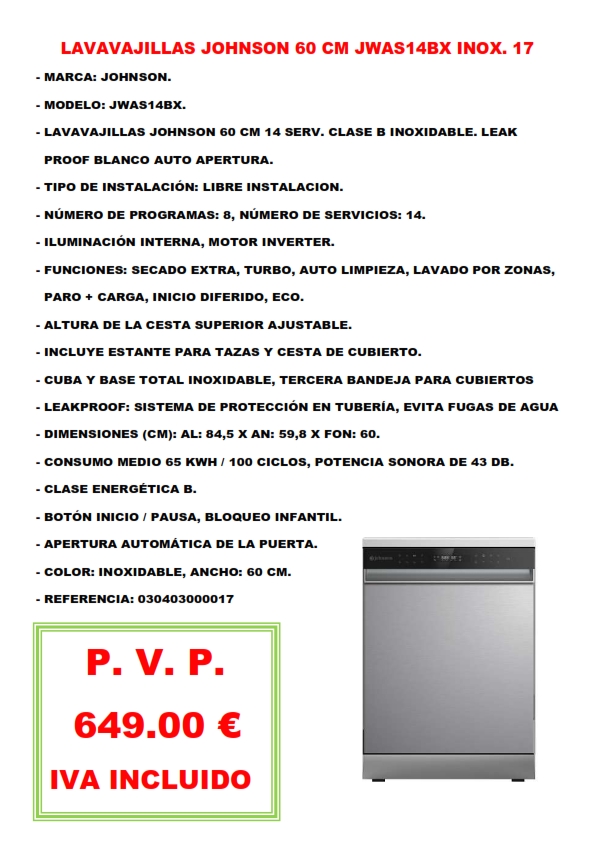 LAVAVAJILLAS JOHNSON 60 CM JWAS14BX INOX. 17