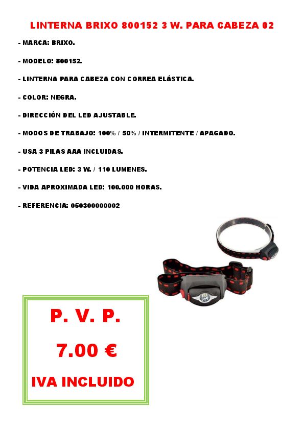 LINTERNA BRIXO 800152 3 W. PARA CABEZA 02