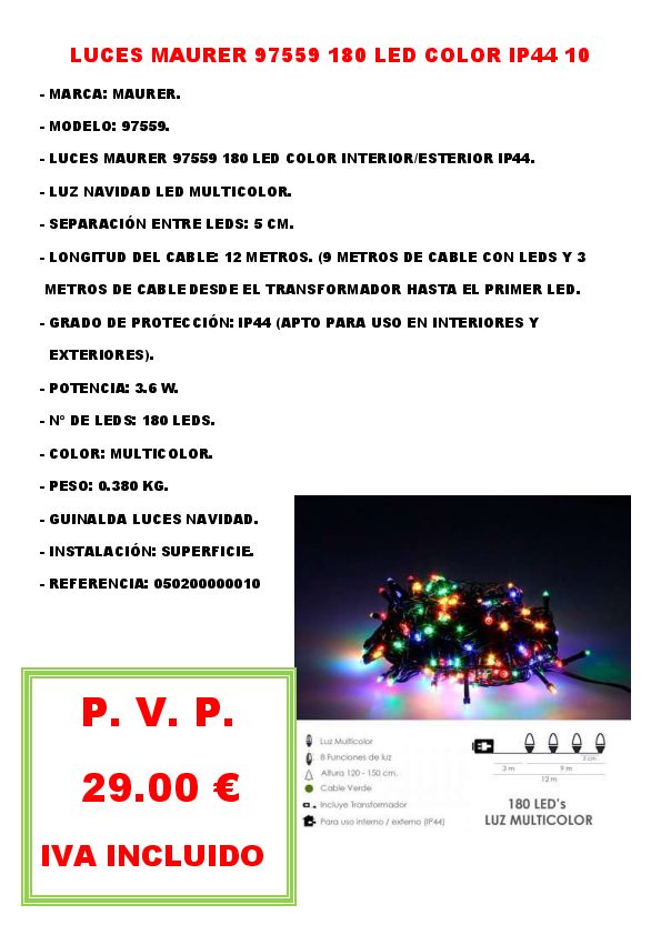 LUCES MAURER 97559 180 LED COLOR IP44 10