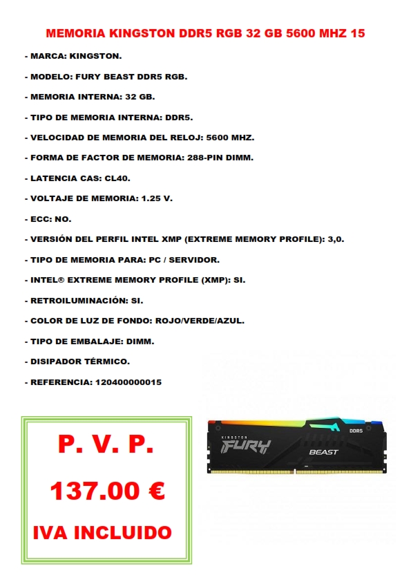 MEMORIA KINGSTON DDR5 RGB 32 GB 5600 MHZ 15