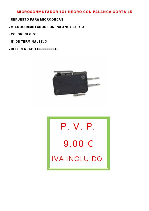 MICROCONMUTADOR 1X1 NEGRO CON PALANCA CORTA 45
