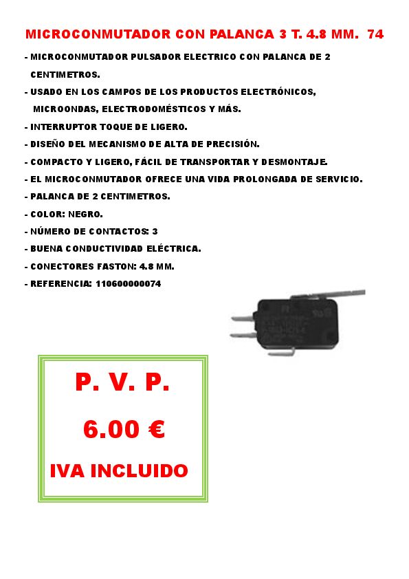 MICROCONMUTADOR CON PALANCA 3 T. 4.8 MM. 74