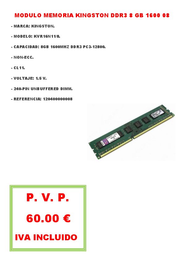 MODULO MEMORIA KINGSTON DDR3 8 GB 1600 08
