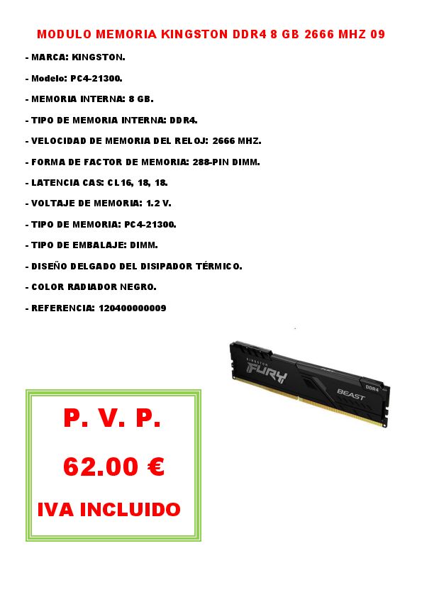MODULO MEMORIA KINGSTON DDR4 8 GB 2666 MHZ 09