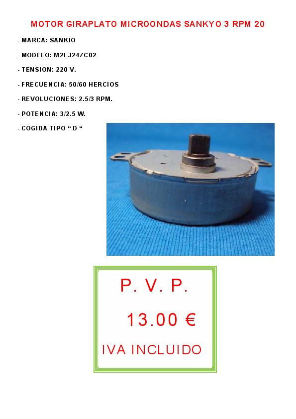 MOTOR GIRAPLATO MICROONDAS SANKYO 3 RPM 20