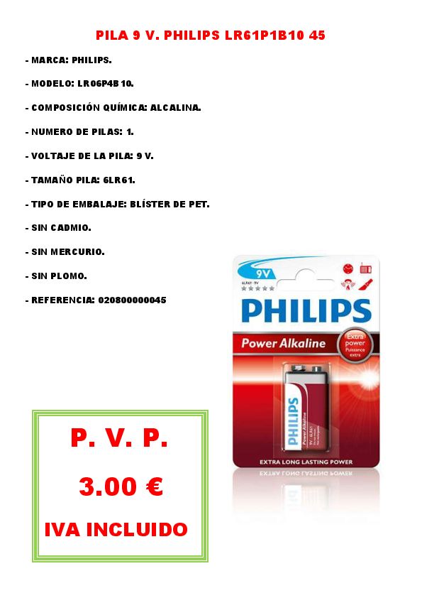 PILA 9 V 6LR61 PHILIPS 6LR61P1B10  45