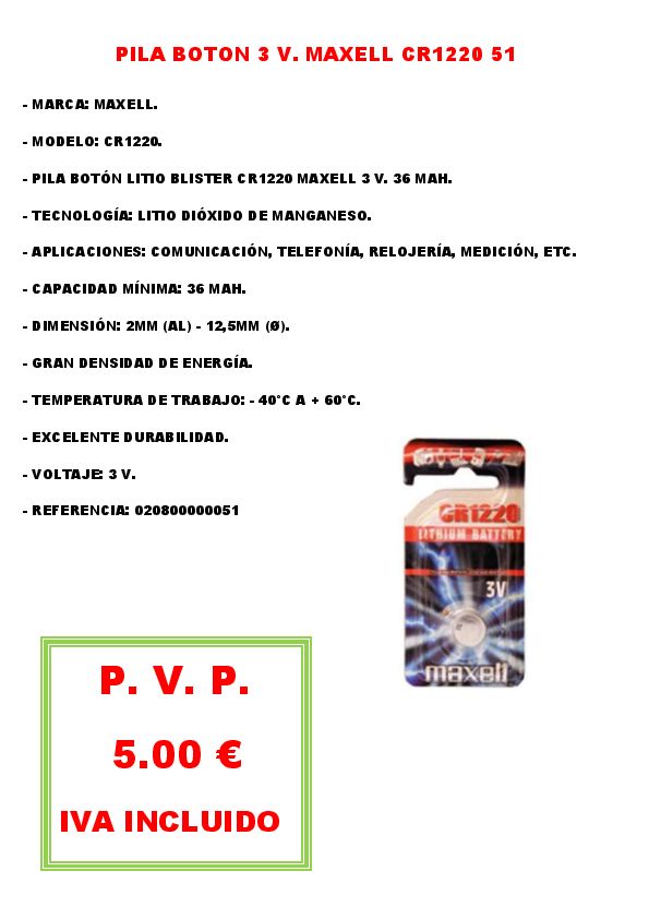 PILA BOTON 3 V. MAXELL CR1220