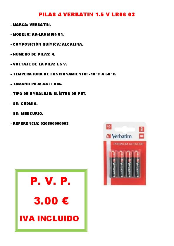 PILAS 4 VERBATIN 1.5 V LR06 03