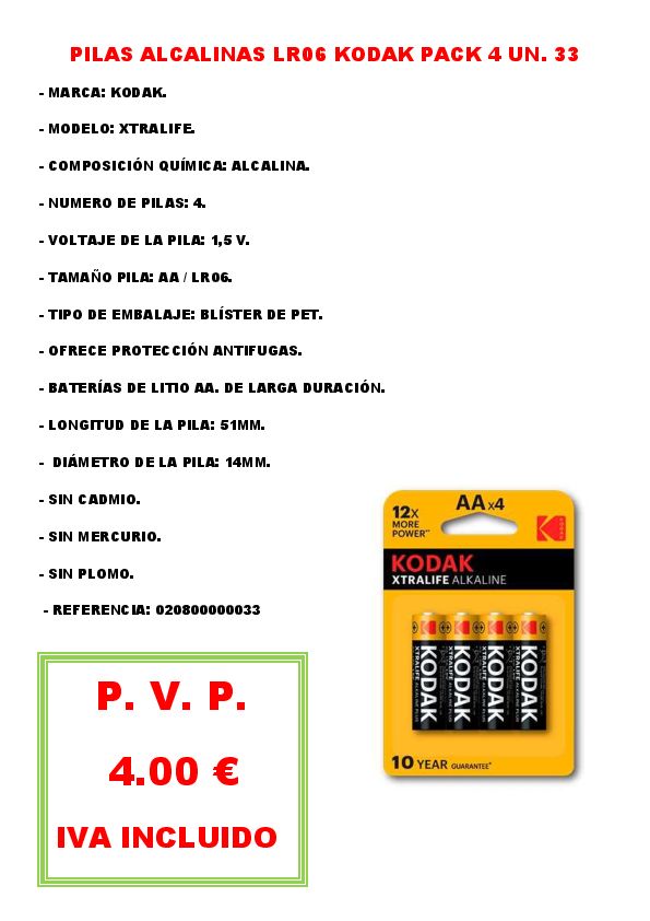 PILAS ALCALINAS LR06 KODAK PACK 4 UN. 33