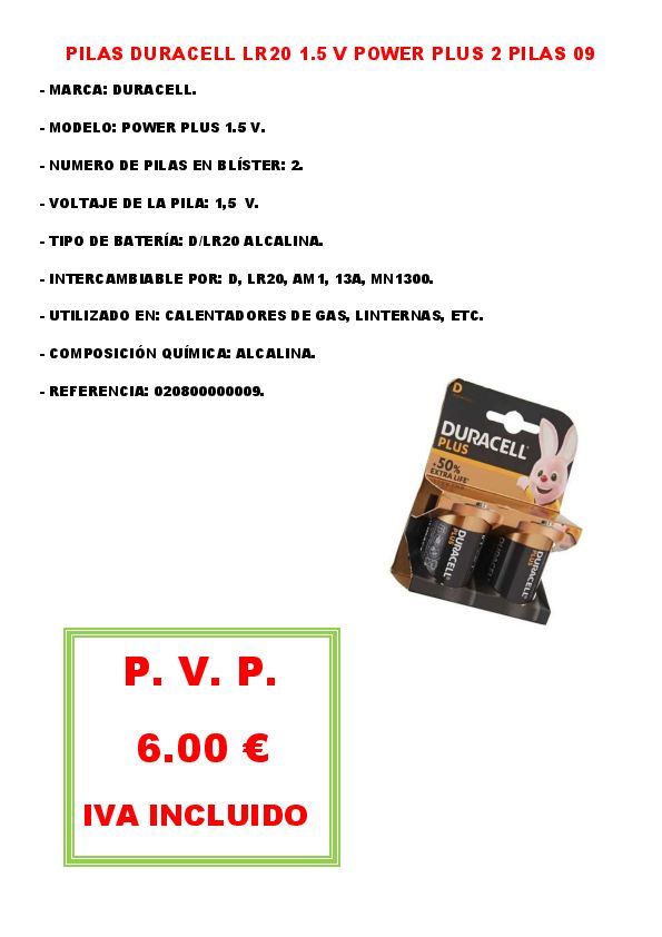 PILAS DURACELL LR20 1.5 V POWER PLUS 2 PILAS 09