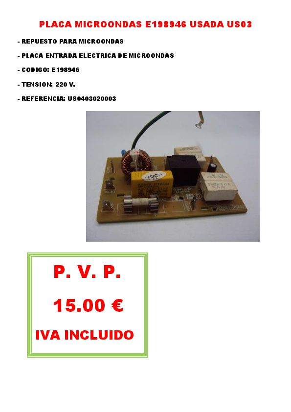 PLACA MICROONDAS E198946 USADA US03 