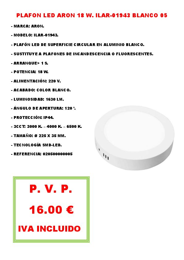 PLAFON LED ARON 18 W. ILAR-01943 BLANCO 05