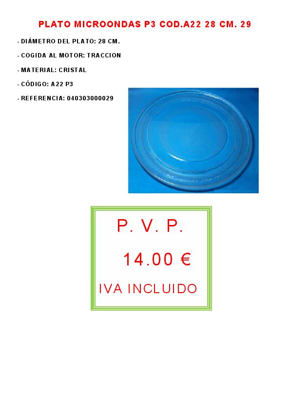 PLATO MICROONDAS P3 COD.A22 28 CM. 29