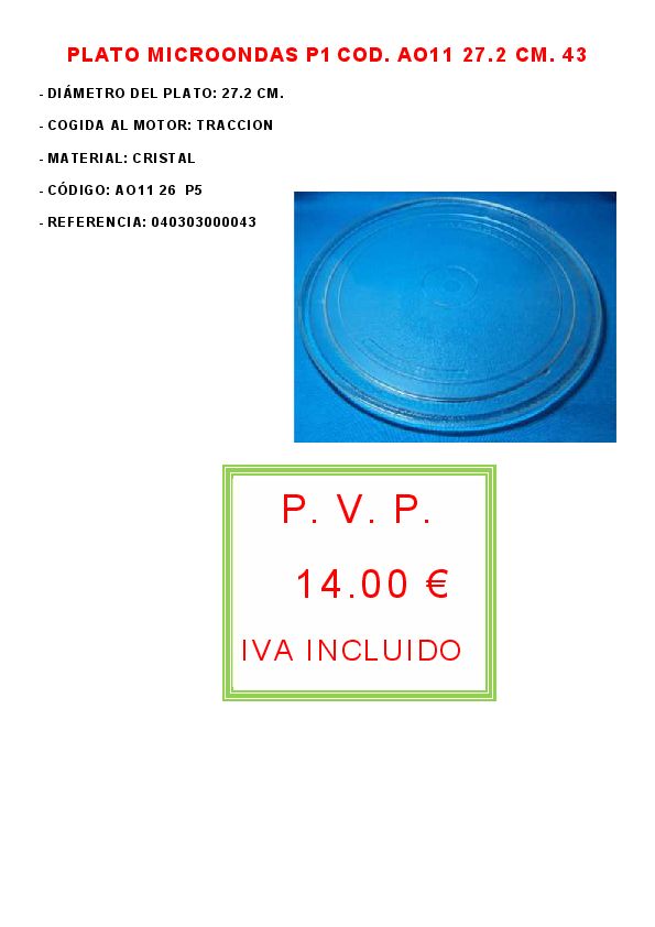 PLATO MICROONDAS P5 COD. AO11 27.2 CM. 43