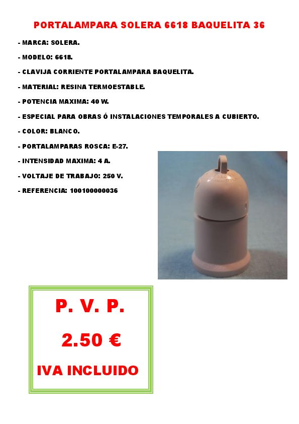 PORTALAMPARA BAQUELITA SOLERA 6618 OBRA 36