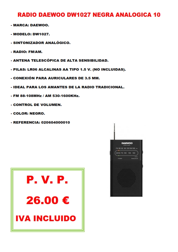 RADIO DAEWOO DW1027 NEGRA ANALOGICA 10