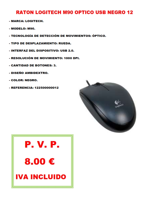 RATON LOGITECH M90 OPTICO USB NEGRO 12