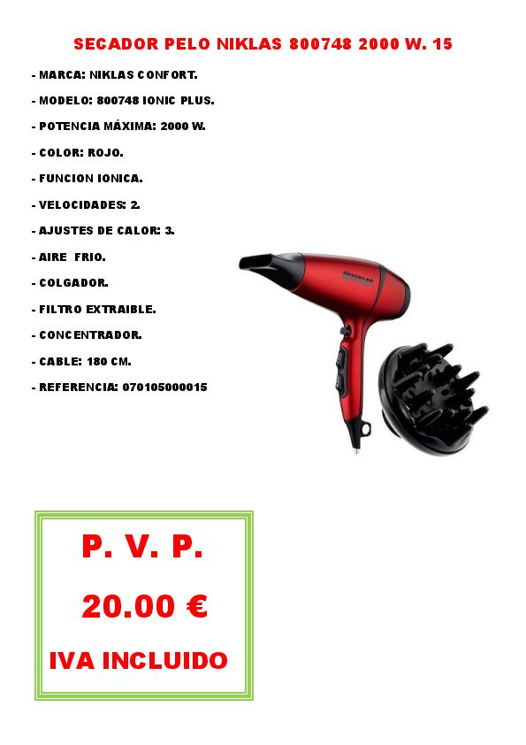 SECADOR PELO NIKLAS 800748 2000 W. 15