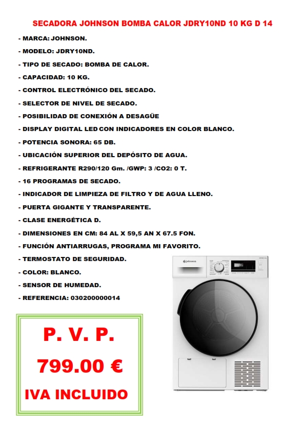 SECADORA JOHNSON BOMBA CALOR JDRY10ND 10 KG D 14