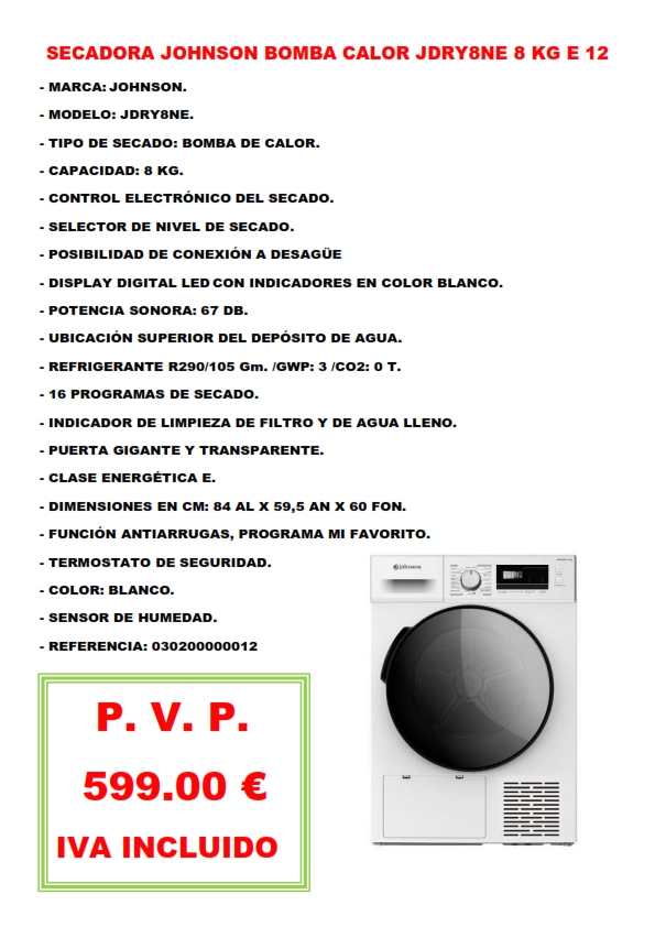 SECADORA JOHNSON BOMBA CALOR JDRY8NE 8 KG E 12