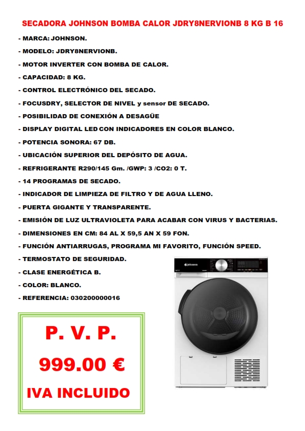 SECADORA JOHNSON BOMBA CALOR JDRY8NERVIONB 8 KG B 16