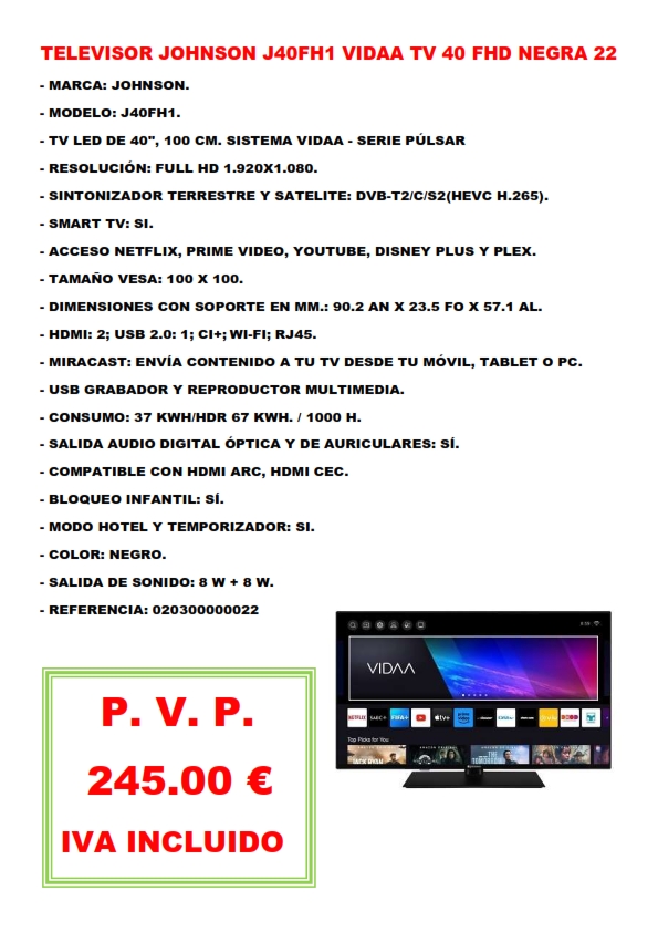 TELEVISOR JOHNSON J40FH1 VIDAA TV 40 FHD NEGRA 22