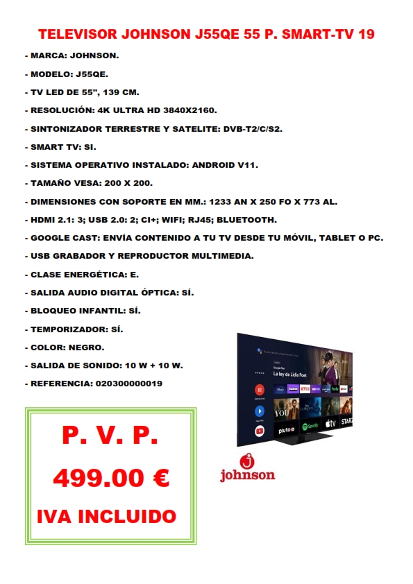 TELEVISOR JOHNSON J55QE 55 P. SMART-TV 19