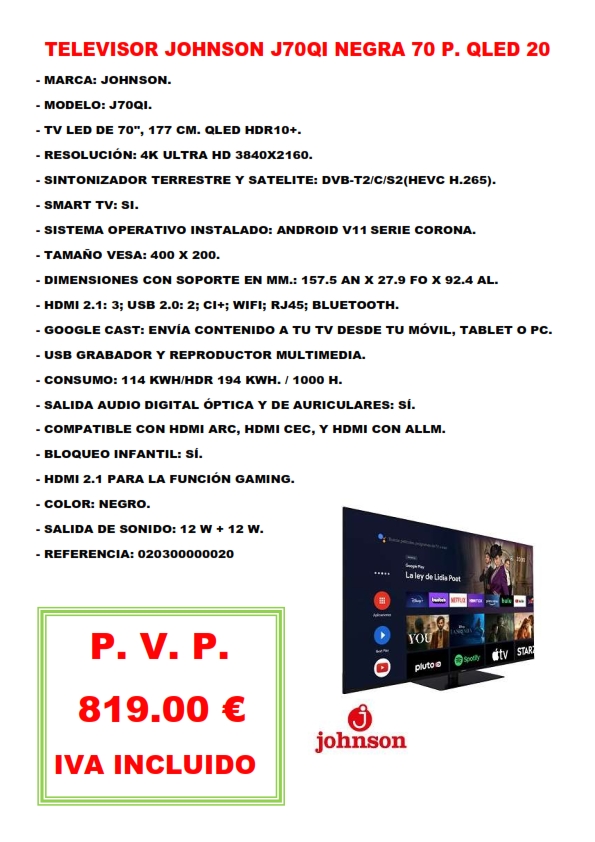 TELEVISOR JOHNSON J70QI NEGRA 70 P. QLED 20