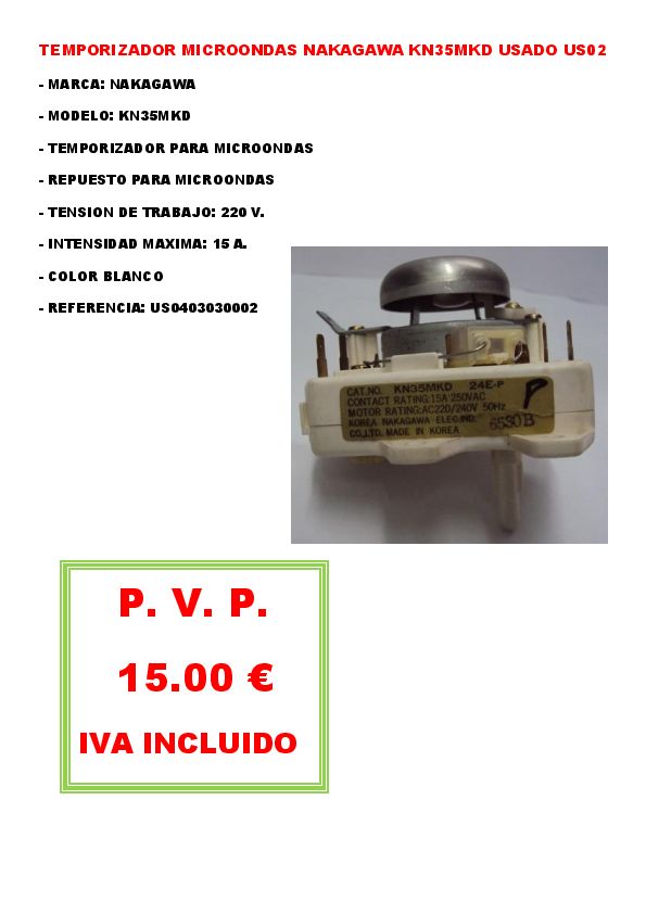 TEMPORIZADOR MICROONDAS NAKAGAWA KN35MKD USADO US02