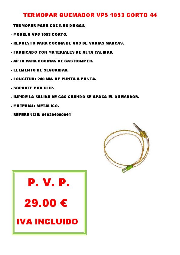 TERMOPAR PARA COCINA DE GAS ROMMER 44