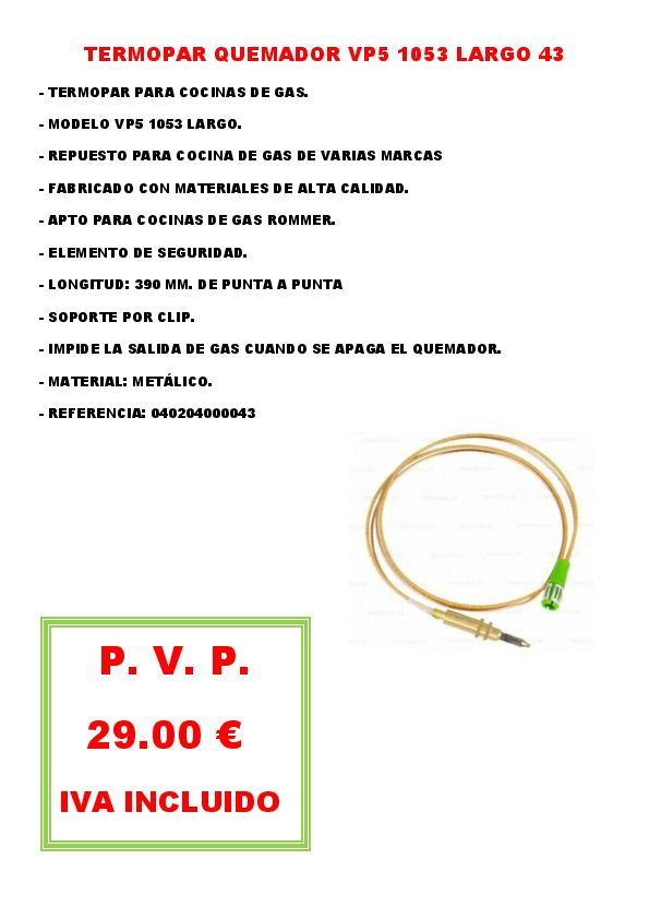 TERMOPAR QUEMADOR VP5 1053 LARGO 43