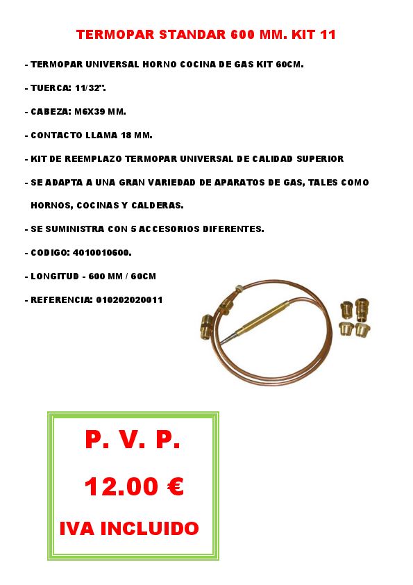 TERMOPAR STANDAR 600 MM. KIT 11