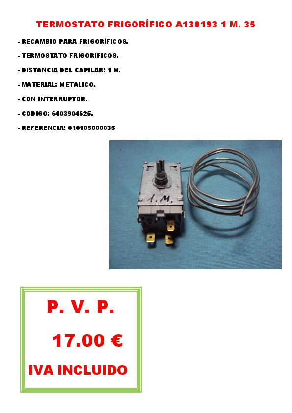 TERMOSTATO FRIGORÍFICO A130193 1 M. 35