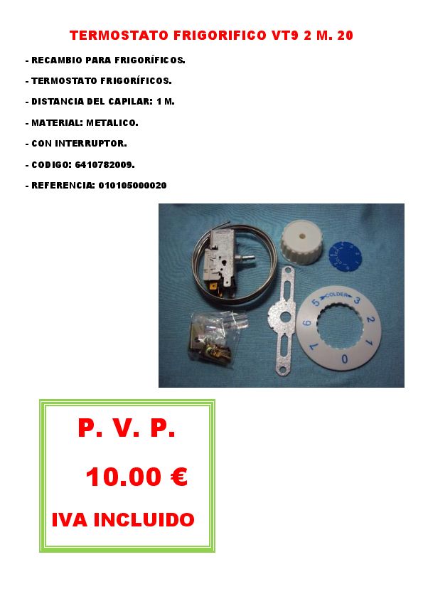 TERMOSTATO FRIGORIFICO VT9 2 M. 20