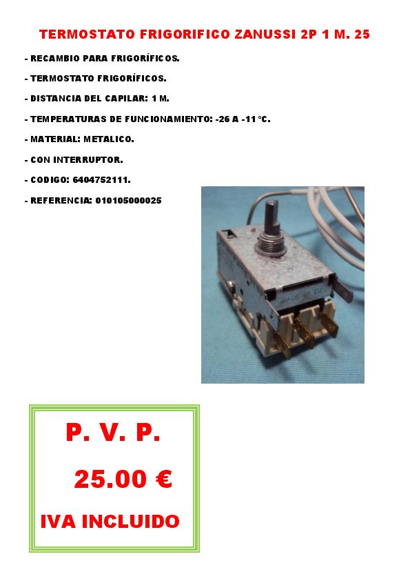 TERMOSTATO FRIGORIFICO ZANUSSI 2P 1 M. 25