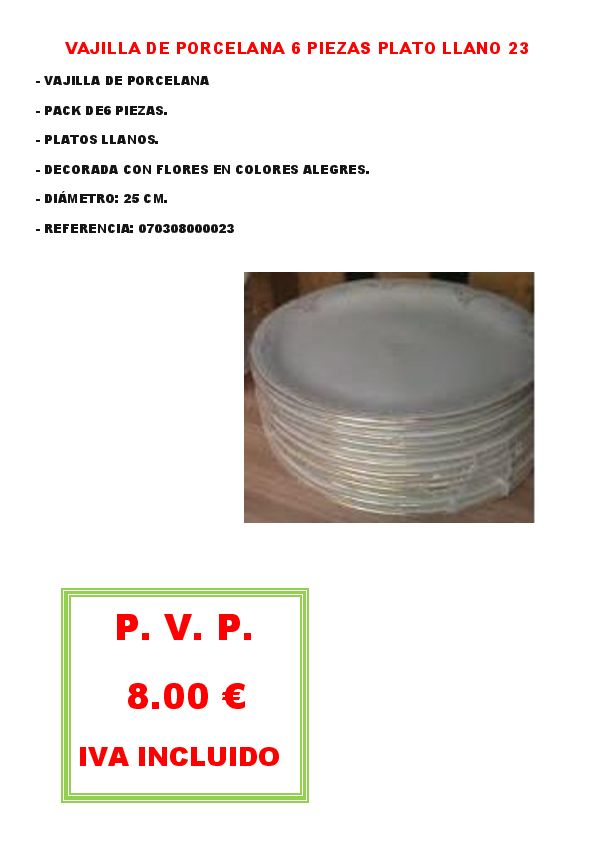 VAJILLA DE PORCELANA 6 PIEZAS PLATO LLANO 23