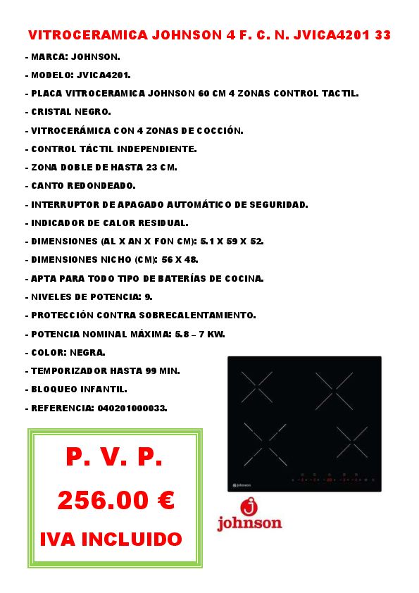 VITROCERAMICA JOHNSON 4 F. C. N. JVICA4201 33