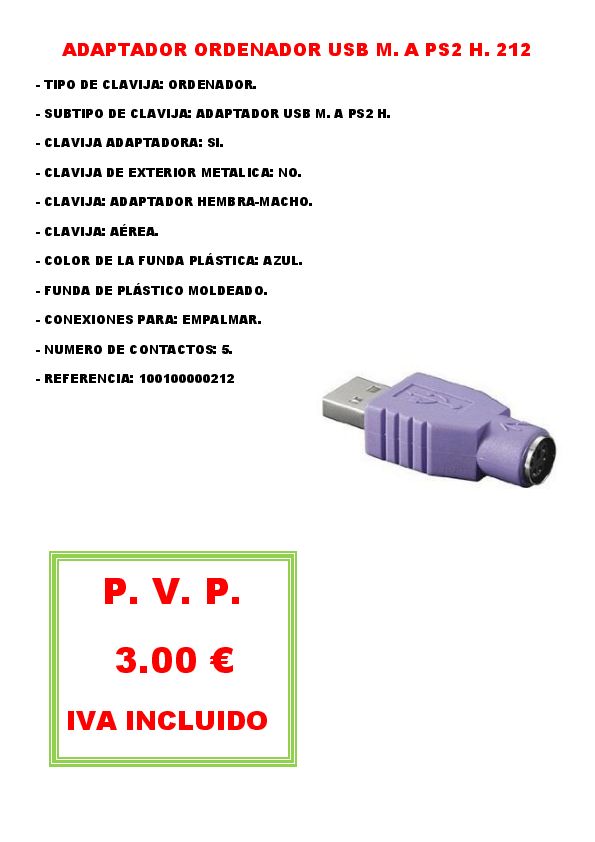 ADAPTADOR ORDENADOR USB M. A PS2 H. 212