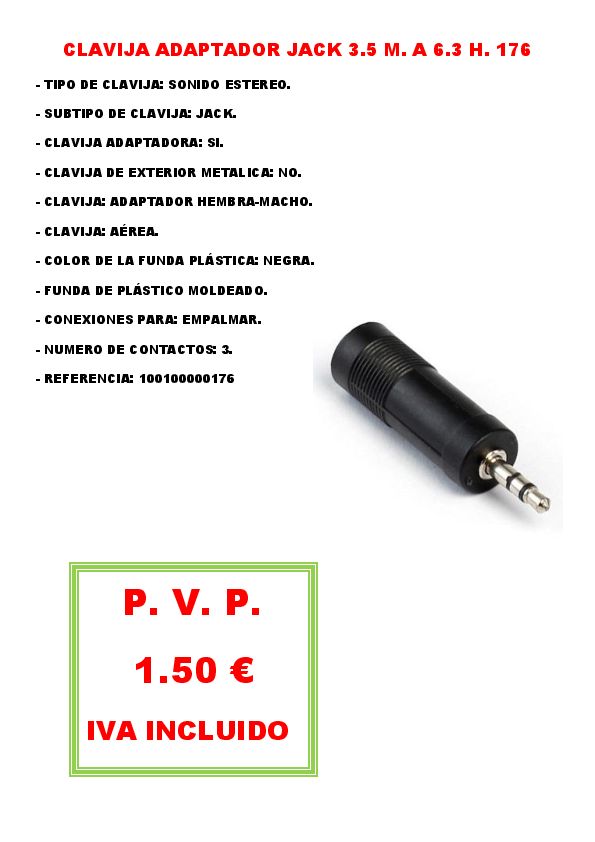 CLAVIJA ADAPTADOR JACK 3.5 M. A 6.3 H. 176
