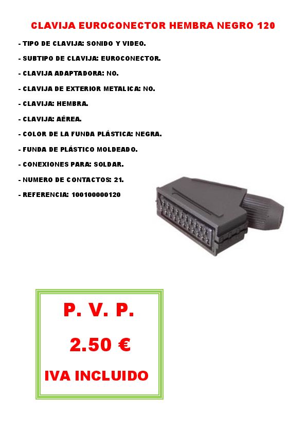 CLAVIJA EUROCONECTOR HEMBRA NEGRO 120