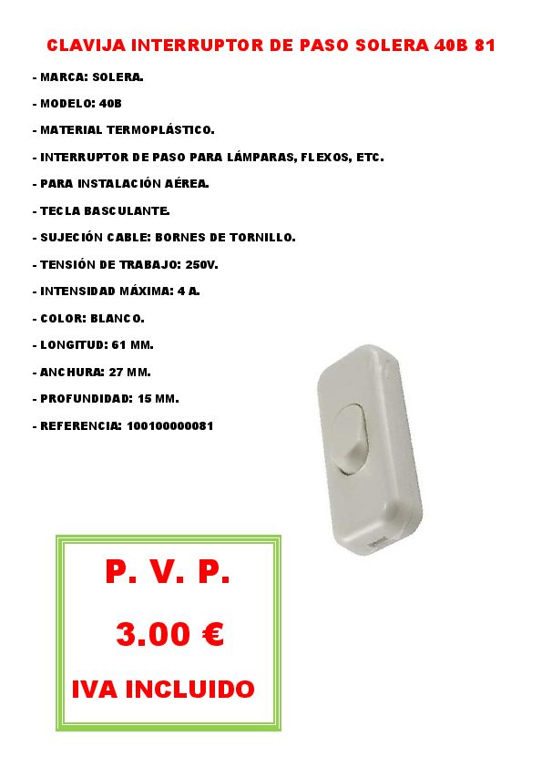 CLAVIJA INTERRUPTOR DE PASO SOLERA 40B 81