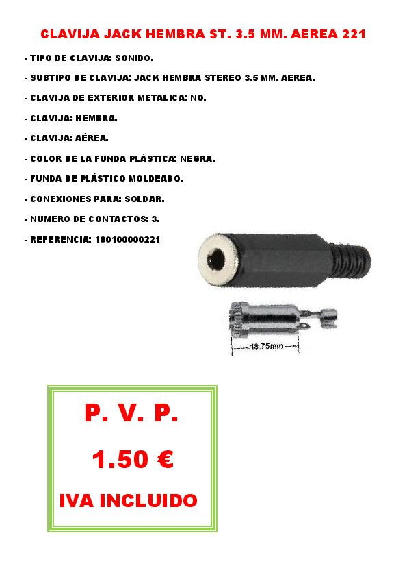 CLAVIJA JACK HEMBRA ST. 3.5 MM. AEREA 221