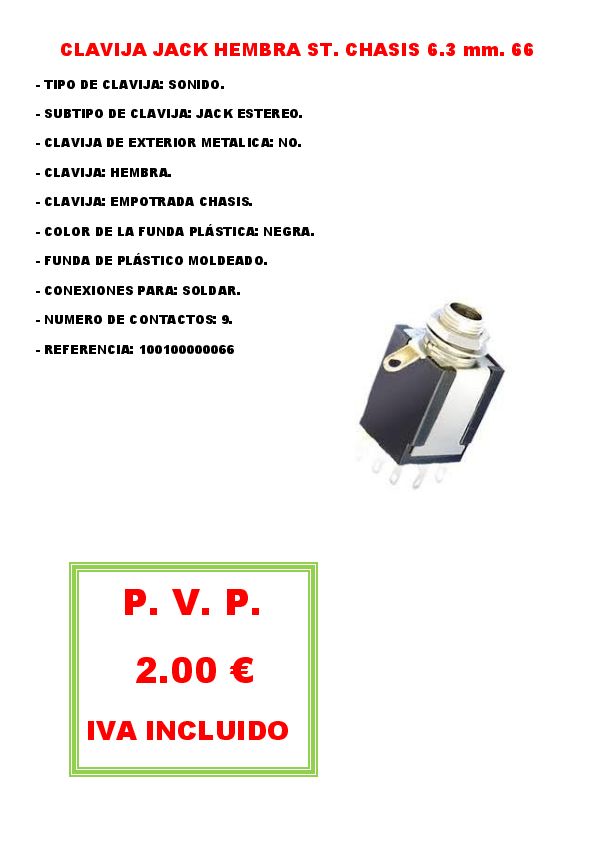CLAVIJA JACK HEMBRA ST. CHASIS 6.3 mm. 66