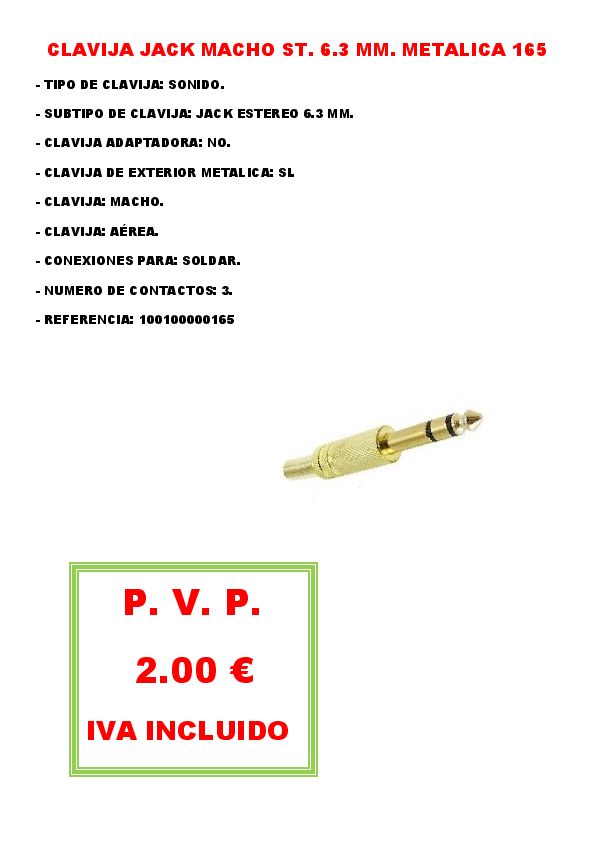 CLAVIJA JACK MACHO ST. 6.3 MM. METALICA 165