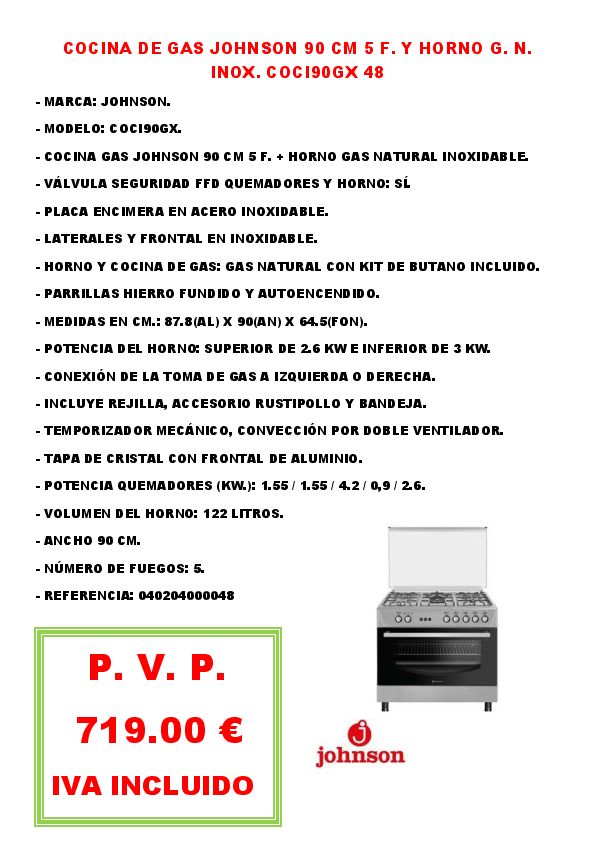 COCINA DE GAS JOHNSON 90 CM 5 F. Y HORNO G. N. INOX. COCI90GX 48