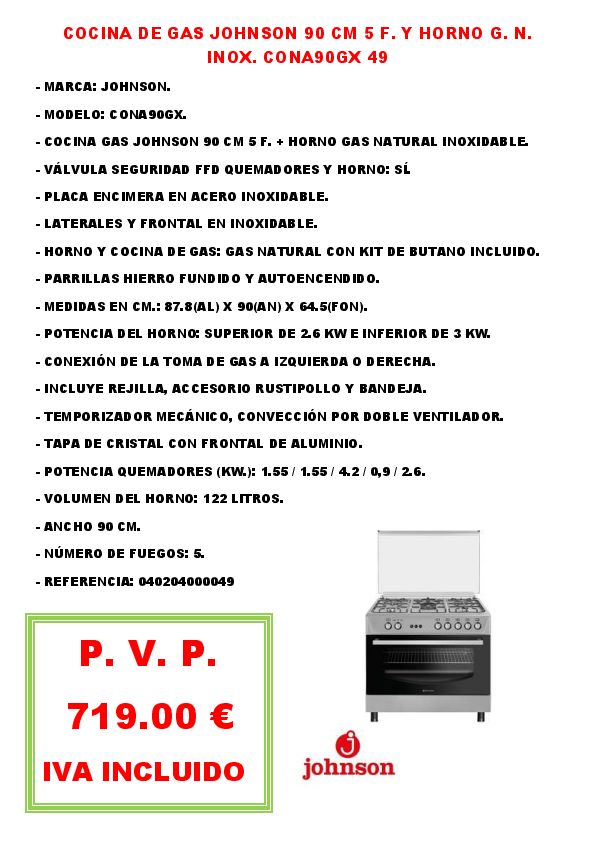 COCINA DE GAS JOHNSON 90 CM 5 F. Y HORNO G. N. INOX. CONA90GX 49