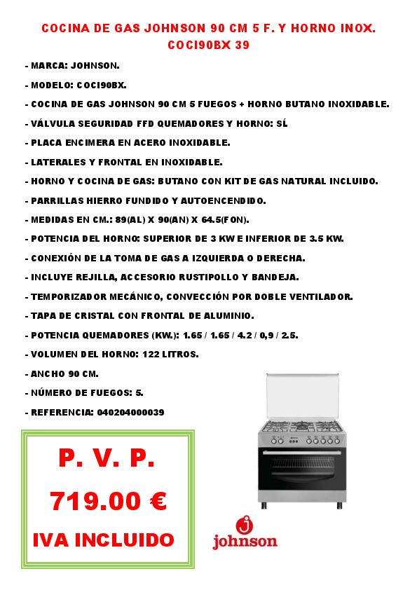 COCINA DE GAS JOHNSON 90 CM 5 F. Y HORNO INOX. COCI90BX 39