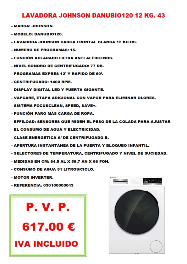 LAVADORA JOHNSON DANUBIO120 12 KG. 43