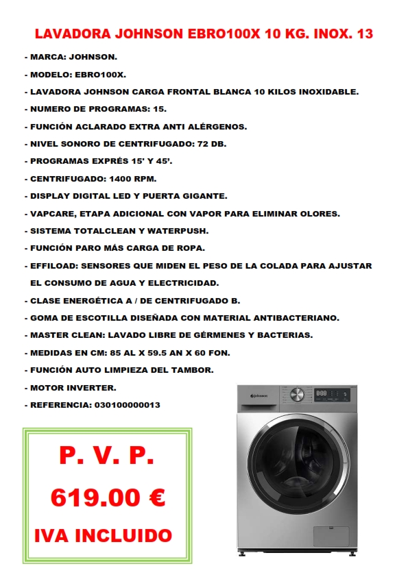 LAVADORA JOHNSON EBRO100X 10 KG. INOX. 13