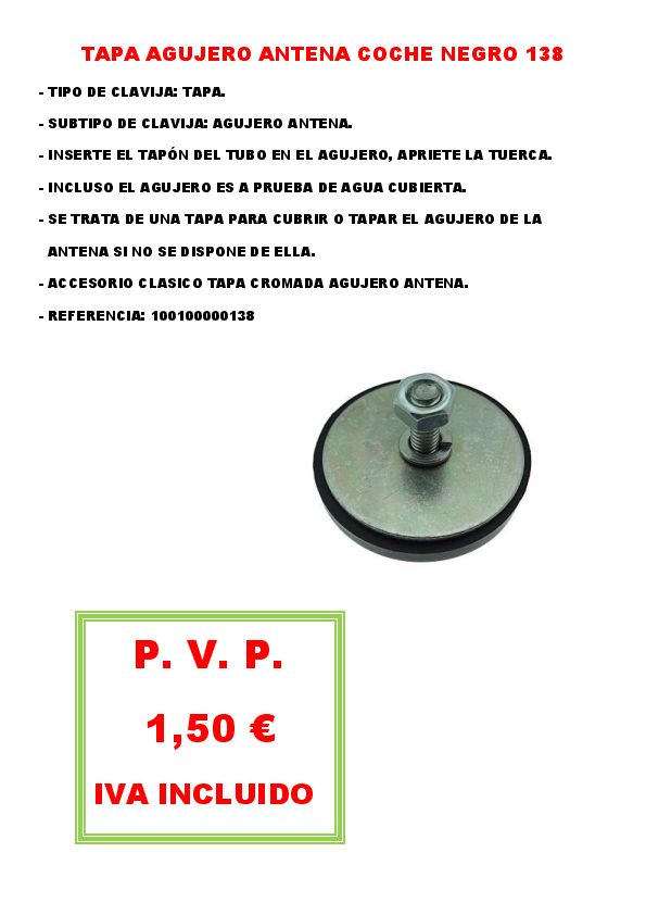 TAPA AGUJERO ANTENA COCHE NEGRO 138